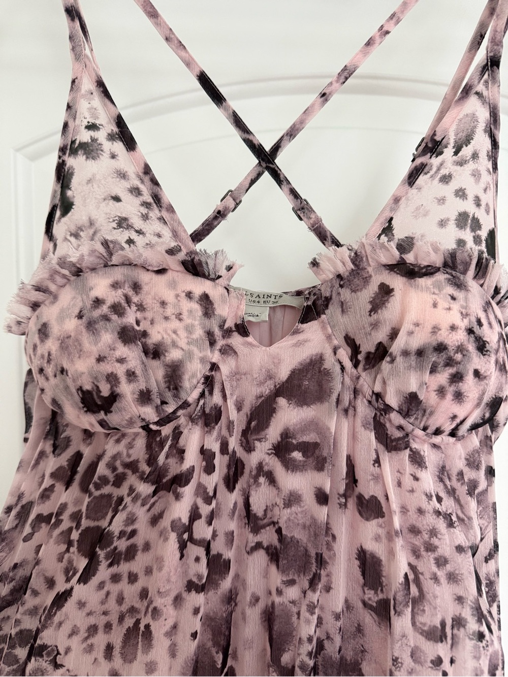 All Saints Pink and Black Leopard-Print Strappy Slip